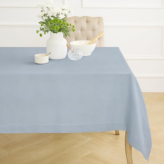 Solino Home Dusty Blue Linen Tablecloth 60 x 120 Inch - 100% Pure Linen Hemstitch Table Cloth for Rectangle Tables - Classic Hemstitch, Machine Washable Tablecloth for Winter, Spring, Easter