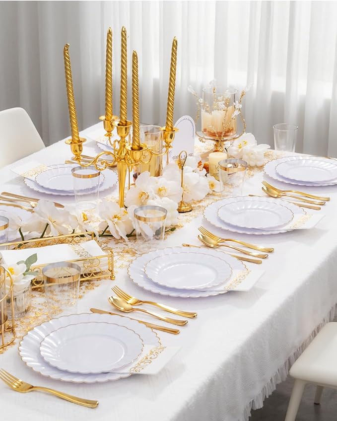 YOUBET 175PCS Gold Scalloped Plastic Plates - White and Gold Disposable Dinnerware Set Include 50 Plates, 75 Gold Silverware, 25 Cups, 25 Napkins for Party & Wedding
