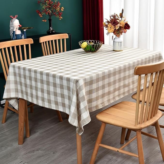Gingham Table Cloth for Square Tables Beige Checkered Plaid Tablecloth Heavy Duty Cotton Blend Washable & Wrinkle Table Cover for Outdoor Kitchen Dining Picnic Camping (60x60 Inch)