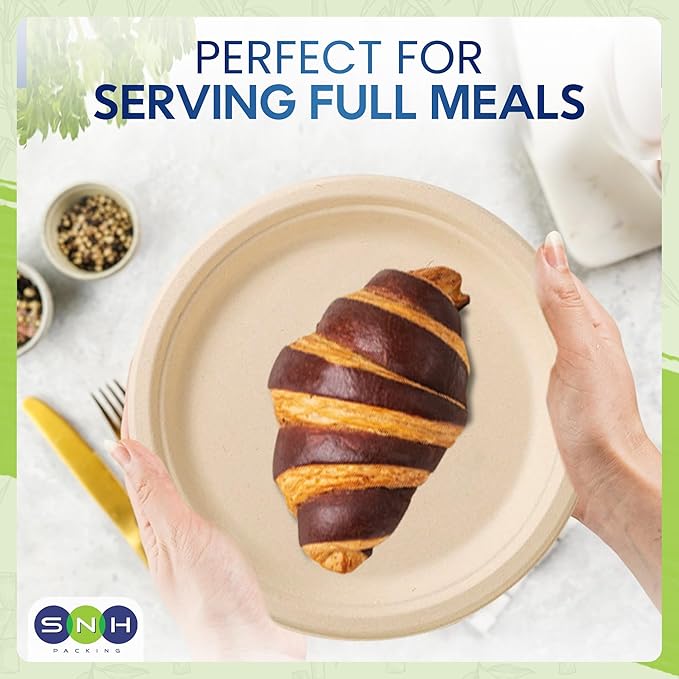 SNH Packing 100% Compostable Plates 7 Inch [125-Pack], Heavy Duty Dinner Paper Plates, Eco-Friendly Biodegradable Sugarcane Bagasse, Natural Brown Disposable Plates for Dessert, Party, BBQ & Picnic