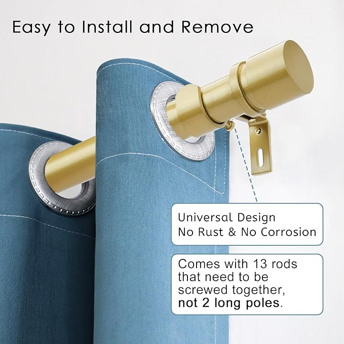 Curtain Rods for Windows 16 to 200 Inches Adjustable Length 1 Inch Diameter Window Curtain Rod with Aluminium Finials, Flash Gold