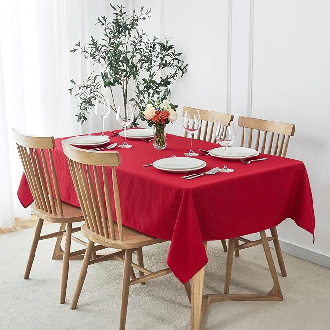 maxmill Rectangle Tablecloth Weaved Design Water Resistant Wrinkle Free Spill-Proof Soft Table Cloth for Dining Room Decoration, Banquet, Christmas Holiday Dinner, 52 x 84 Inch, Red