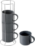 Hasense Coffee Mugs Set of 4 with Stand, 15 oz Porcelain Stackable Coffee Cups Set with handle for Tea, Latte, Milk and Cappuccino, Grey Embossed Tea Cups Set with Geometric Patterns for Men and Women