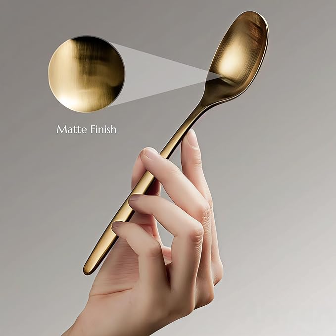JazzUpCo Ava Flatware Flatware non toxic 18/10 stainless steel dishwasher safe (Matte Gold, 16 Person Set (80 Pieces))