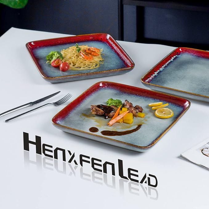 HENXFEN LEAD Square Ceramic Dinner Plates 11 Inch – Large Stoneware Serving Plates Set of 4 for Steak, Pasta & Salad, Microwave & Dishwasher Safe – Reactive Glaze Red