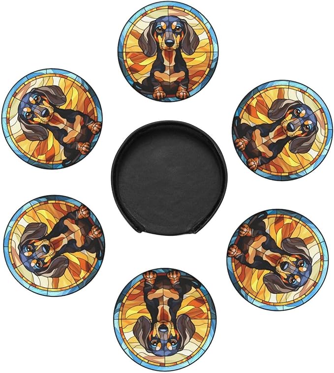 Drink Coaster Set of 6, Dachshund Dog Mom Lover Gift,Leather Drink Coasters with Holder,6 Pack Cup/Bar/Drink Coasters for Table/Drinks/Coffee Protection Housewarming Gift