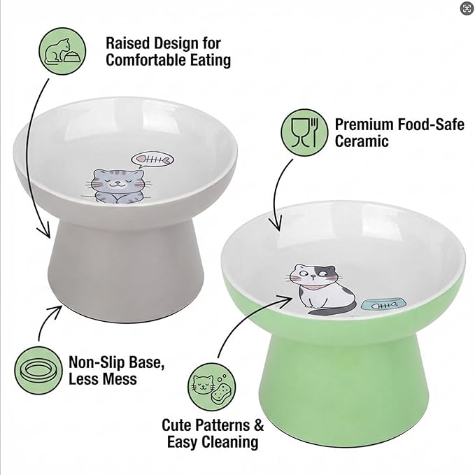 Elevated Cat Bowls,2 Pcs Ceramic Raised Cat Food Bowls with Non-Slip Base,Whisker-Friendly Shallow Design,Lead & Cadmium Free Pet Feeder,Dishwasher and Microwave Safe (Green&Light-Grey)