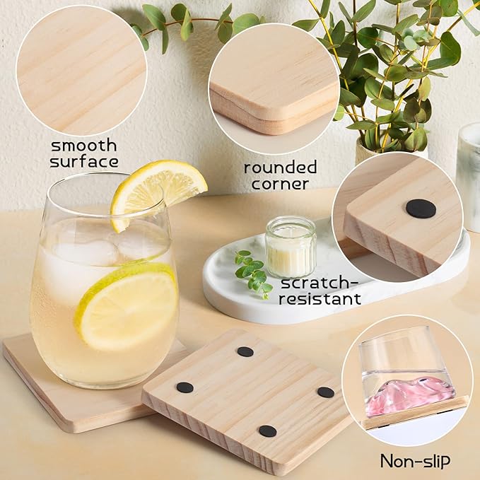 60 Pieces Unfinished Wood Coasters, GOH DODD 4 Inch Wooden Blanks with Non-Slip Pads for Laser Engraving Wood Burning Staining Painting Decoupage Housewarming Gifts Wedding Crafts Education, Square