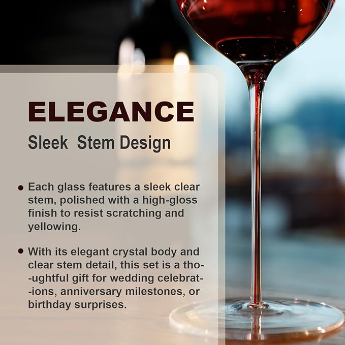 Red Wine Glasses Set of 4, 22oz, Hand Blown Premium Crystal Wine Glasses, Clear Stem,Thin Rim, - Perfect for Red or White, Daily Use,Unique Wedding Anniversary or Birthday Gift