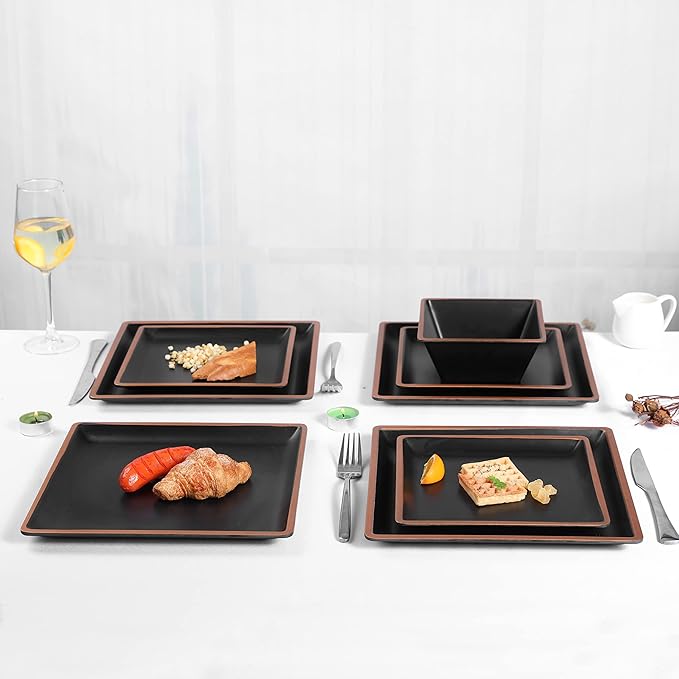 Melamine Dinnerware Sets Service for 4, Square Dinner Plates and Bowls Set,12-Piece Set Non-breakable Lightweight Dinner Tableware for Indoor/Outdoor Use