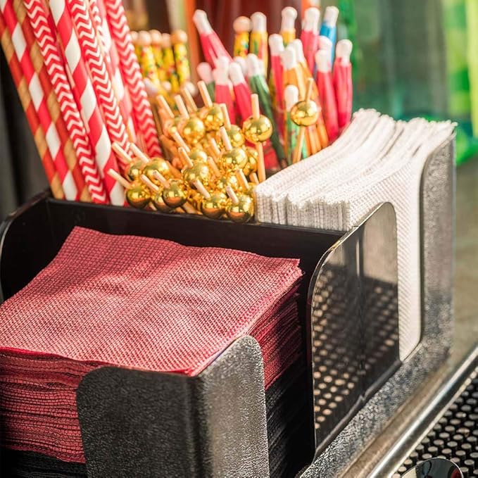 Restaurantware Bar Lux 9.5 x 5.8 x 4.2 Inch Bar Caddy 1 Pebbled Napkin Holder - 6 Compartments Organize Straws Napkins Or Condiments Black Plastic Bar Organizer For Homes Bars Or Offices