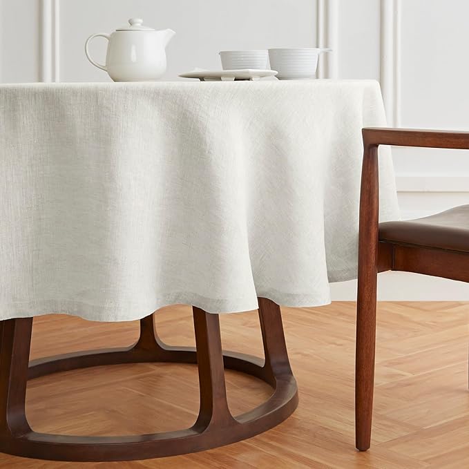 Solino Home Linen 60 Inch Round Tablecloth - 100% Pure Linen Light Flax Round Tablecloth - Machine Washable Table Cloth for Spring, Easter - Sonoma