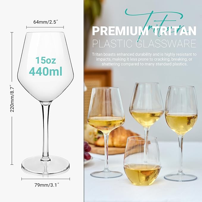 MICHLEY Unbreakable Stemmed Wine Glass 100% Tritan Plastic Dishwasher available Glassware 15 oz, Set of 8