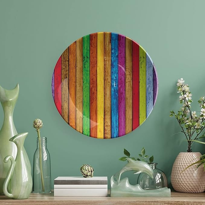 Decorative Plates, Abstract Print Ornament, Vibrant Wooden Artistic Cheerful Art Rainbow Image, 7 Inch, 1 Plate with 1 Display Stand, Multicolor