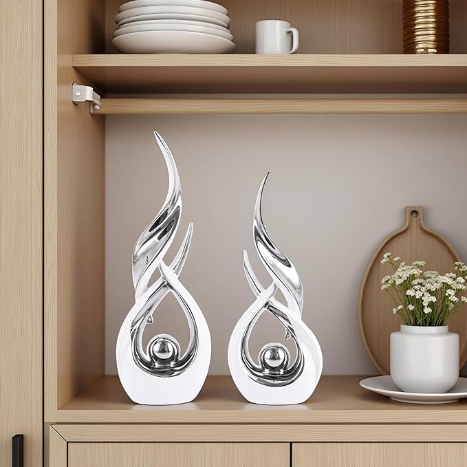 Gold Ceramic Abstract 2 Piece Statue Set,Mid Century Modern Abstract Art Home Decor Statue Mantelpiece on Unique Shelf Decor, TV Cabinet Divider Table top and Dining Table Centerpiece (White Silver)