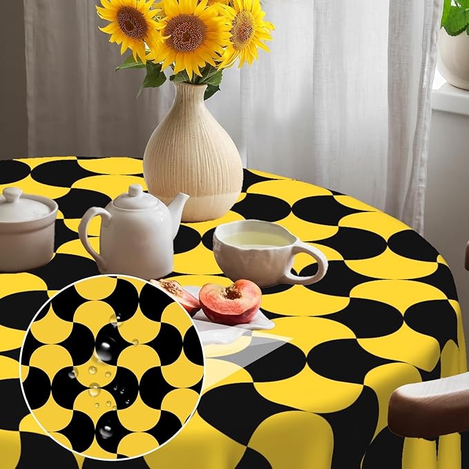 Laeacco 36 Inch Geometric Round Tablecloth Black and Gold Abstract Pattern Modern Art Print Table Cloth Washable Waterproof Wrinkle Free Table Cover for Kitchen Dining Picnic Party Decoration