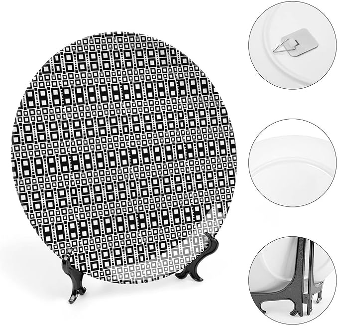 Ceramic Display Plate, Abstract Ceramic Hanging Decorative Plate, Monochrome Squares of Motif Grid Design Geometric, 10 Inch, Living Room Kitchen Decoration Household, Black White
