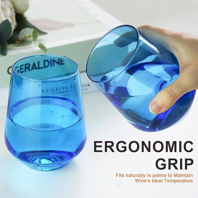 Blue Stemless Wine Glasses Set of 6, 15oz Drinking Glassware Dishwasher Safe, Wine Glass Tumblers for Red or White, Gift for Party, Holiday, Anniversary, Restaurant, Home Bar, Daily Use