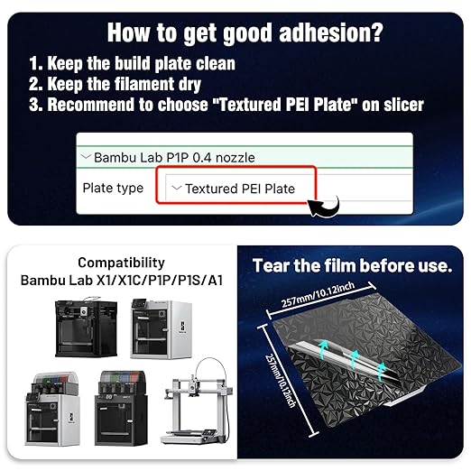 JUUPINE 3D Printer Build Plate for Bambu Lab X1/X1C/X1E/P1P/P1S/P2S/A1 3D Printer,Diamond PEO+Carbon Fiber PET Surface 257x257mm Spring Steel Plate,Double Sided Flexible Sheet Heatingbed Platform.