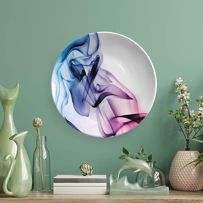 Ceramic Display Plate, Abstract Decor Ceramic Hanging Decorative Plate, Colorful Smoke Dynamic Flow Swirl Contemporary, 6 Inch, Household Custom Ceramic Plate, Fuchsia Blue
