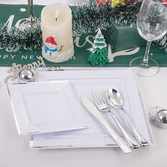 Liacere 100PCS White and Silver Square Plastic Plates - 50PCS Heavy Duty 9.5inch White Dinner Plate and 50PCS 6inch Dessert Plates-Silver Disposable Plate for Party＆Wedding＆New Year&Chrismas