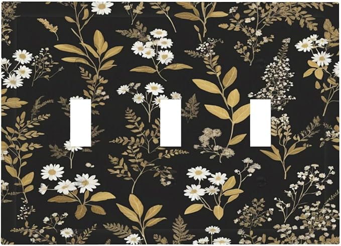 Light Switch Cover Black/Gold Boho Botanical Floral Rustic Flowers 3 Gang Wall Plate Triple Light Switch Plate Toggle Decorative Outlet Covers Electrical Switchplate for Bathroom Kitchen Decor