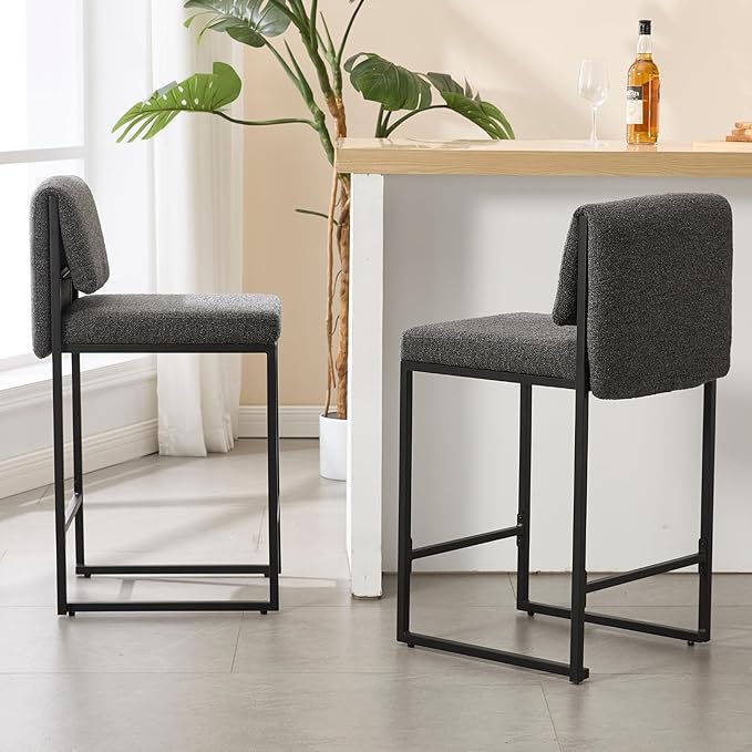 Modern Barstools Set of 4, 26” Upholstered Counter Height Bar Stools Sherpa Fabric Counter Stools with Padded Back Metal Frame for Kitchen Island Dining Room, Black