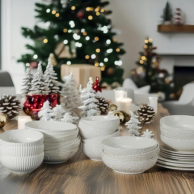 Artena Ceramic Cereal Bowls 26 oz, Embossment Soup Bowls Set of 4, White Salad Bowl for Kitchen, Dinner, Breakfast, Oatmeal, Rice, Pasta, Dishwasher Microwave Safe, 6 inch (Flower)
