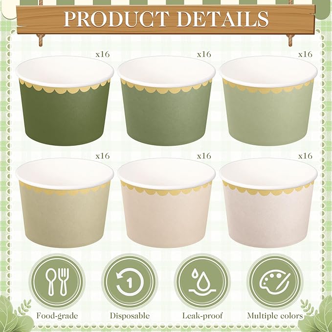 Zopeal 96 Pcs Sage Green Disposable Ice Cream Bowls 9oz Green Gradient Color Paper Snack Cups with Gold Scallop for Parties, Weddings, Baby Showers, Desserts, Yogurt, and Salads