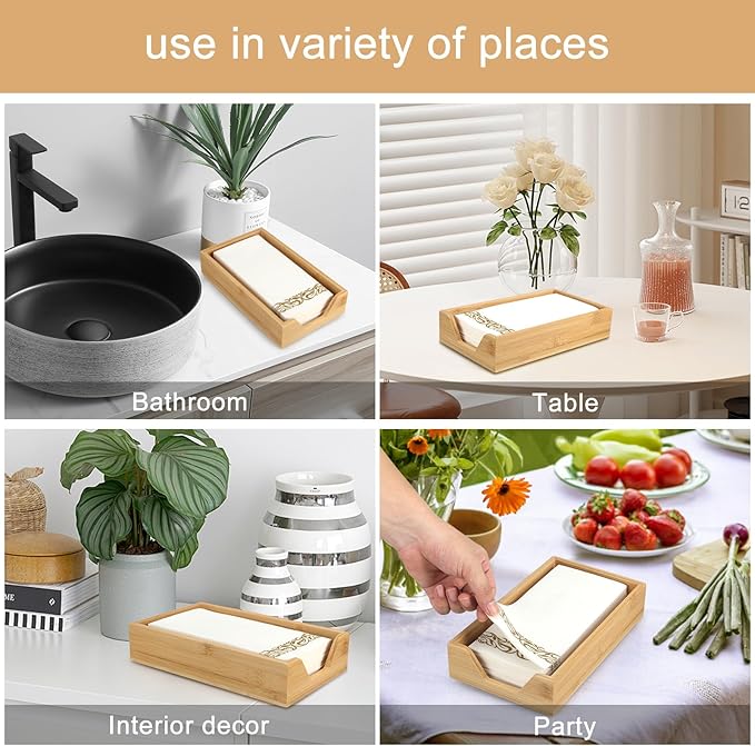 Guest Towel Holder Tray for Bathroom and Table - Modern Bamboo Napkin Holder for Farmhouse Bar and Party