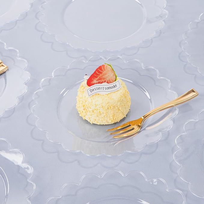 LIYH 200 Pcs Clear Plastic Plates and Gold Forks Disposable Dessert Plates 7.5" Clear Cake Plate,Baby Shower Plate Set for Weddings Birthday Bridal Showers Afternoon Tea