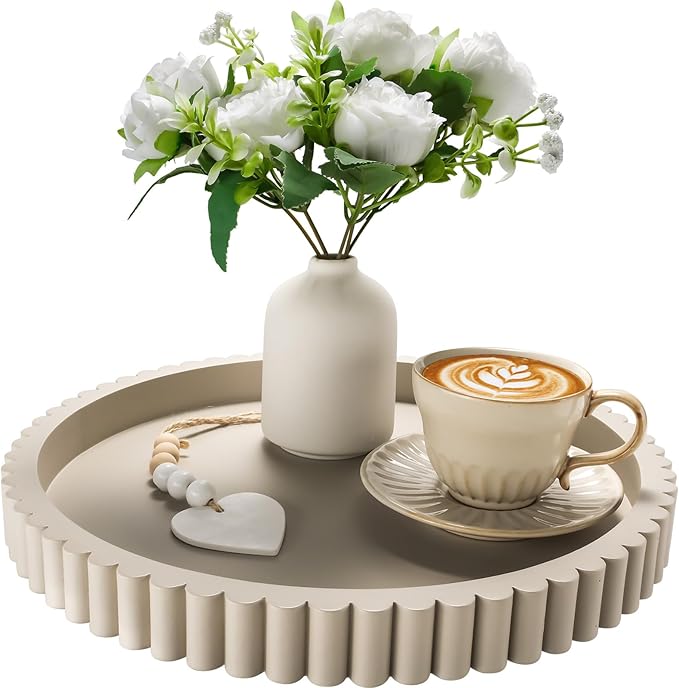 Handmade 12in Decorative Tray for Coffee Table Tray Decor, Gray Wooden Decorative Round Tray for for Coffee Table, Dining Room Table Entryway and Living Room Table