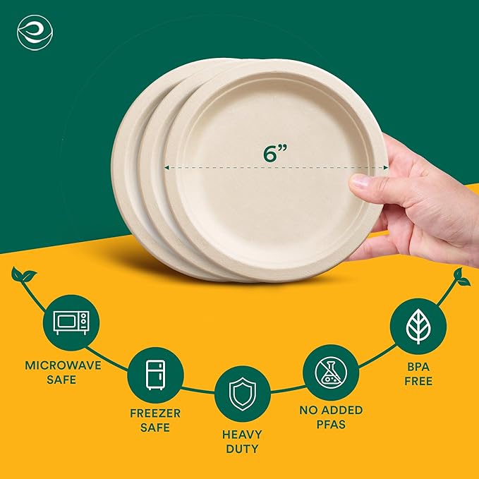 ECO SOUL Compostable Paper Plates 6 Inch (400 Count) Plates for Dessert, Heavy Duty, Eco-Friendly Sugarcane Bagasse Small Plates For Appetizer- Natural Brown