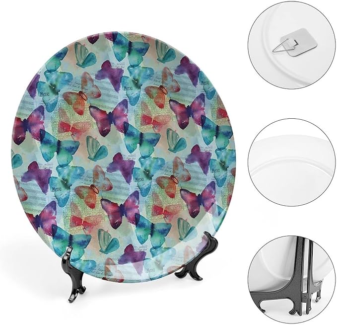 Ceramic Plates, Abstract Decorative Ceramic Plates, Watercolor Rainbow Colored Butterflies and Letterings Music, 6 Inch, for Dining, Parties, Wedding, Multicolor