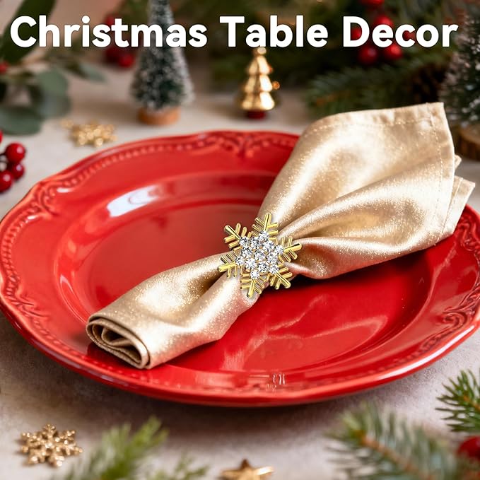 ZeeDix Christmas Gold Snowflake Napkin Rings Set of 8, Napkins Ring for Dinning Table - Rustic Dinner Tables Decoration for Wedding Receptions Christmas Thanksgiving Holiday Party Dinner Parties