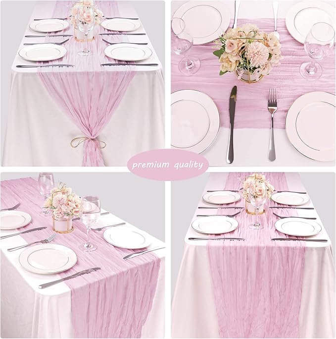 12 Pack 13Ft Cheesecloth Table Runner 35x157 Inch Boho Gauze Table Runner Cheese Cloth Long Rustic Table Runners for Wedding Bridal Shower Birthday Party Table Decor (Pink Purple)