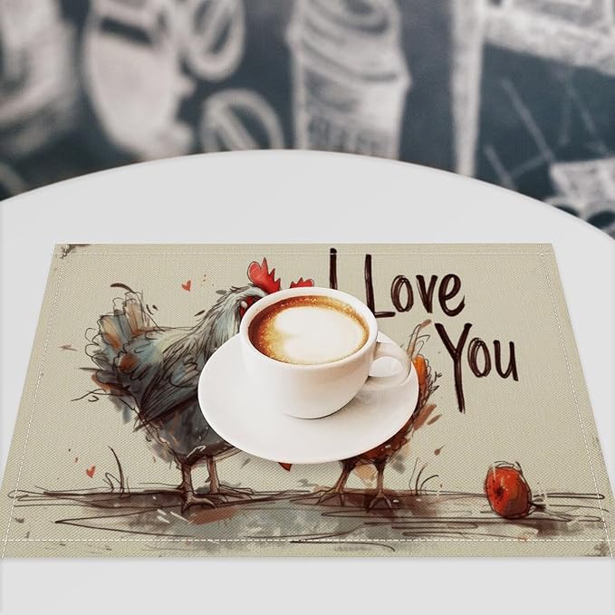 Rural Rooster Placemat Set, Vintage Farmhouse Funny Colorful Hand Drawn Watercolor Line Sketch Chicken Pattern Home Decor Linen Table Mats for Dining Room Kitchen Party (17x12in) x4P