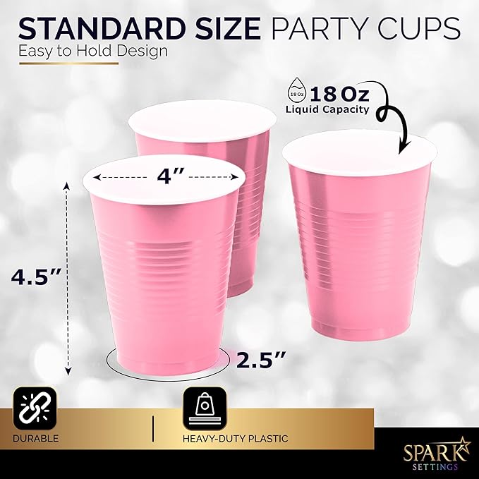 Disposable Cups, Pink 18-Ounce Plastic Party Cups, Strong and Sturdy for Wedding, Christmas, Halloween, 100 Pack