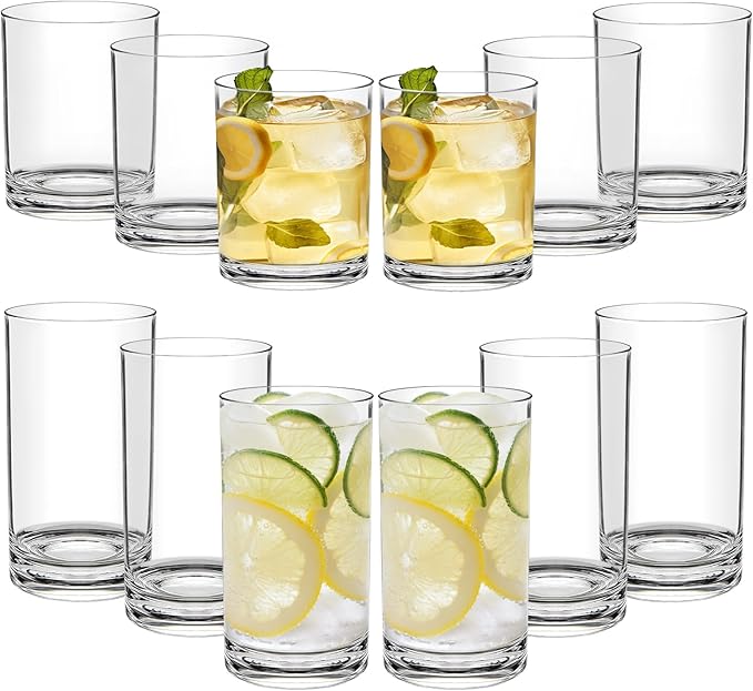 RLWY Acrylic Plastic Drinking Glasses Set of 12 - Unbreakable Tumblers - BPA-Free - Dishwasher-Safe - 6x12oz Lowball & 6x17oz Highball