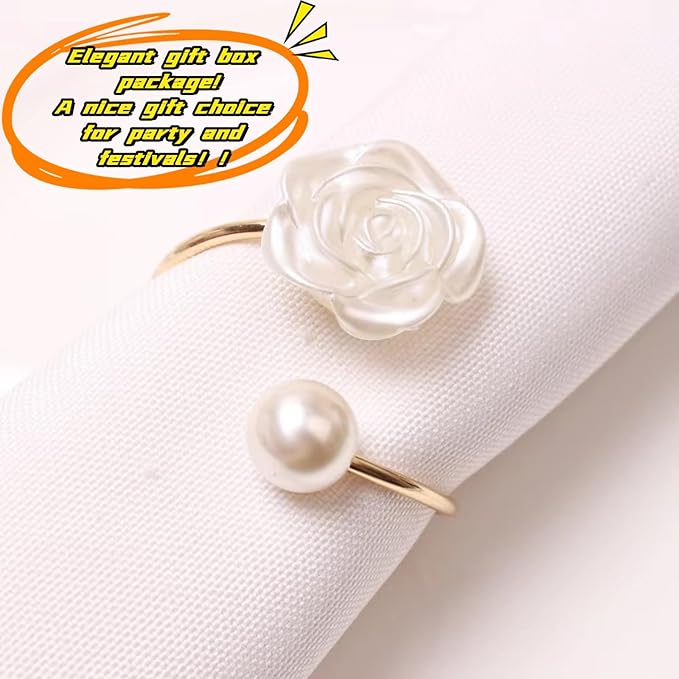 Decorative Napkin Rings Set of 6,Holders Decor Dinner Party,Wedding,Anniversary,Birthday,Table Decor Gift (White Pearl)
