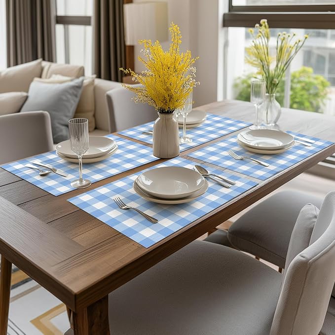 Artoid Mode Buffalo Plaid Vinyl Placemats Set of 4, 12x18 Inch Washable Non-Slip Heat Resistant Plastic Place Mats for Party Dining Table, Blue/White