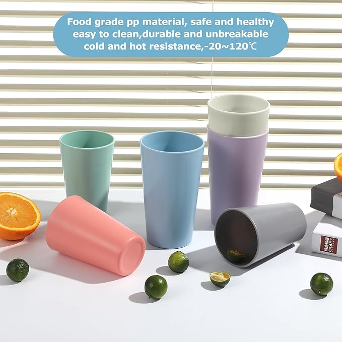 24 Pcs Unbreakable Plastic Cups Set, 12 Pcs 14 oz and 12 Pcs 20 oz Reusable Plastic Cups, Stackable Water Tumblers, Drinking Cup for Kitchen, BPA-free, Dishwasher and Microwave Safe, 6 Colors