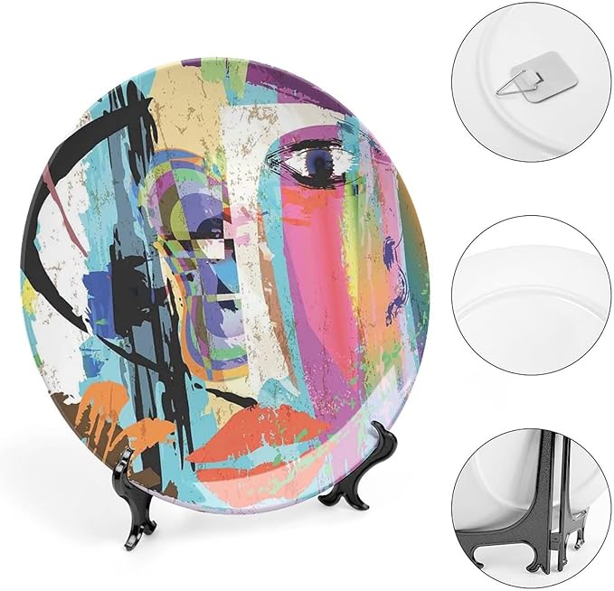 Decorative Plates, Abstract Print Ornament, Woman Face Art Paint Strokes and Splashes Eye Red Lips Grungy, 8 Inch, Kitchen Wall Decor, Multicolor