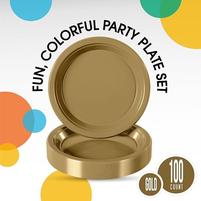 Gold Plastic Plates For Party 9" Gold Disposable Plates Heavy Duty 100 Pcs Plastic Dinnerware Sets Heavy Duty 350 GSM Disposable Dinnerware Set