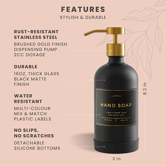 Hand and Dish Soap Dispenser for Kitchen and Bathroom, Set of 2 16 Oz Glass Bottles, Stainless Steel Pumps, Non-Slip Silicone Base, 27 Waterproof Labels (Matte Black Bottle/Brushed Gold Pump)