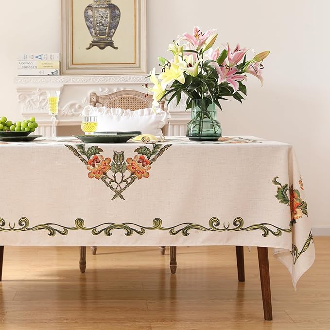 patdrea Designer Vintage Linen Floral Rectangle Tablecloth,French Tablecloths,Wrinkle Free Table Cloth,Decorative Table Cover Cloth for Kitchen,Dining,Tea Party,Home,Christmas,55"*71"
