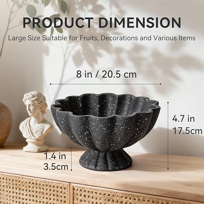 Pedestal Decorative Bowl Home Decor - Morden Handmade Decorative Fruit Bowl for Kitchen Counter, Chic Ruffle Bowl Centerpiece Decor for Dining Table Coffee Table (Starry Black
