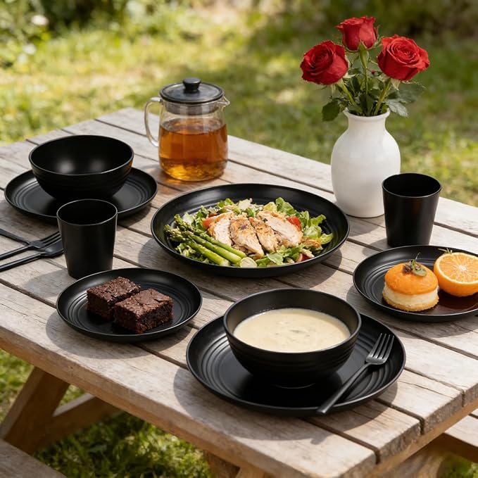 Supernal 32pcs Black Wheat Straw Dinnerware Sets with 25pcs Linen Napkins,Plates and Bowls Sets for 8,Black Plastic Dinnerware Sets, Microwave Dishwasher Safe Plates, Dishes Set for 8