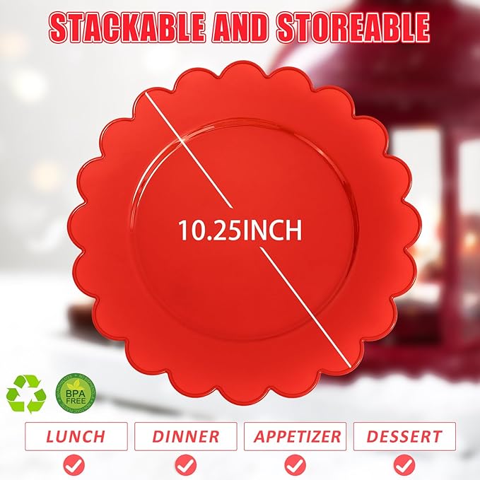 SUT 72Pcs Red Plastic Plates,10.25inch red Dinner Plates, Disposable Dinner Plates, Heavy Duty Plastic Plates, Disposable Plates,Scallop Plastic Plates for Party