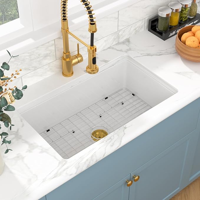 Sarlai 32 Inch White Undermount Sink Fireclay 32x19 Inch Dual Drop in & Undermount Kitchen Sink Porcelain Ceramic Single Bowl Deep Basin
